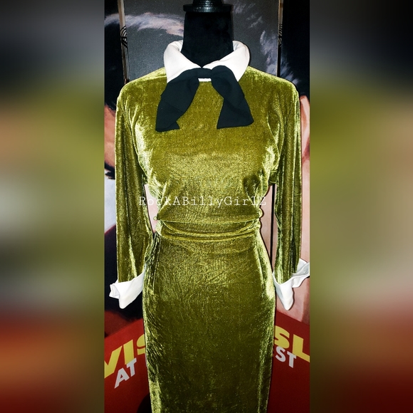 Tatyana Maud Autumn Moss Green Velvet Cuff Sleeve Pinup Pencil Dress w Black Tie - Picture 7 of 16